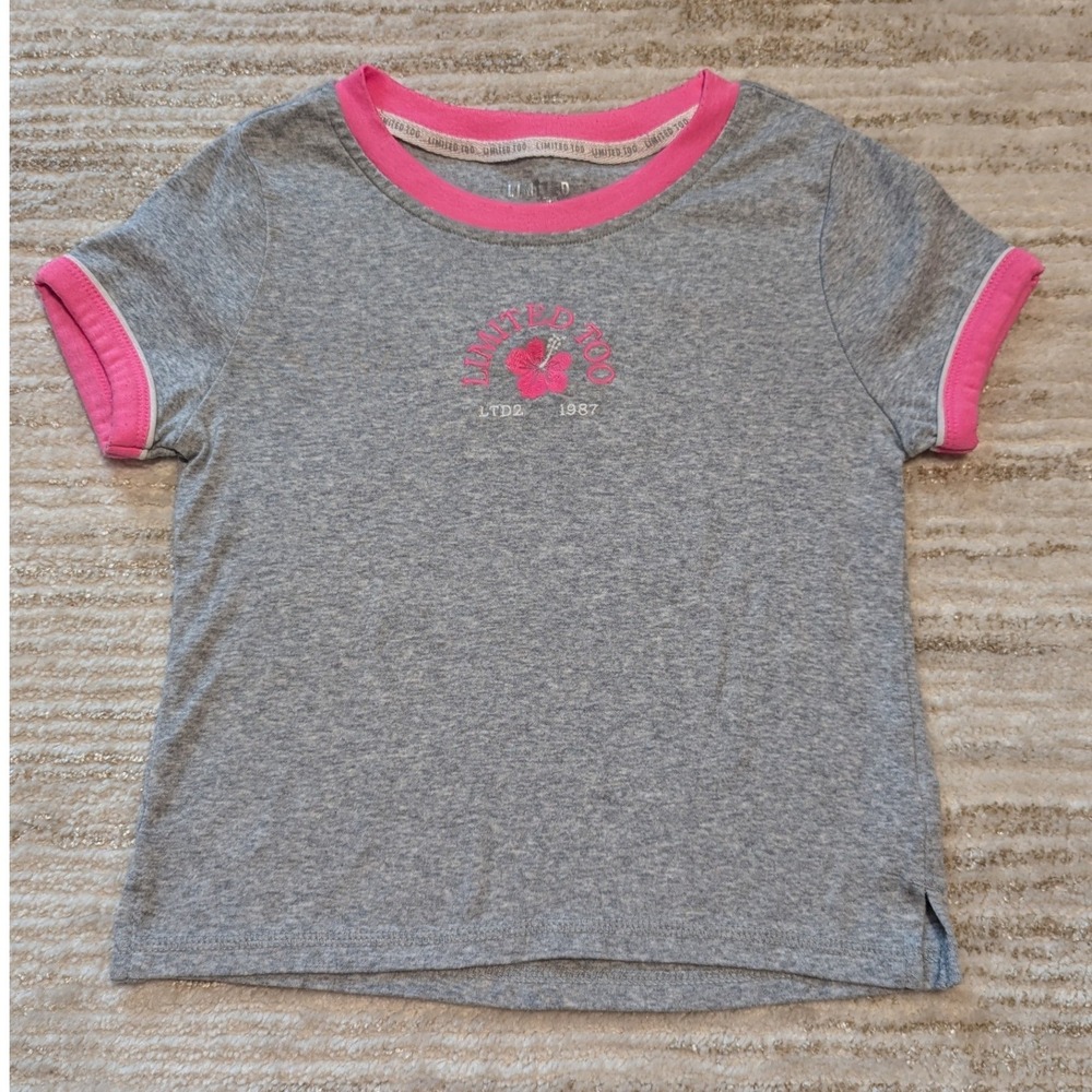 Vtg Limited Too Ringer Tee Shirt‎ Girls Sz S 7/8 Grey Pink Hibiscus Flower Y2K